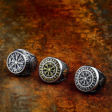 Load image into Gallery viewer, ENXICO Vegvisir The Viking Runic Compass Ring with Rune Circle and Double Valknut Symbol ? 316L Stainless Steel ? Norse Scandinavian Viking Jewelry (10)