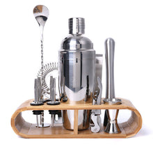 Load image into Gallery viewer, 2TRIDENTS 12 Pcs/Set Stainless Steel Cocktail Shaker with Wood Holder Stand - Perfect Home Bartending Kit - Great For Home Bars And Parties