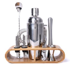 2TRIDENTS 12 Pcs/Set Stainless Steel Cocktail Shaker with Wood Holder Stand - Perfect Home Bartending Kit - Great For Home Bars And Parties