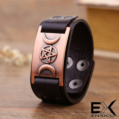 ENXICO Triple Moon Goddess Amulet Leather Bangle Bracelet ? Wicca Pagan Witchcraft Jewelry ? Black + Bronze Color