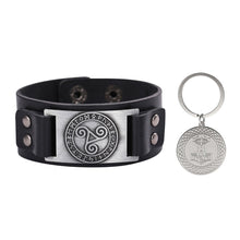 Load image into Gallery viewer, GUNGNEER Vintage Celtic Knot Triskele Leather Bracelet with Thor Hammer Key Chain Jewelry Set