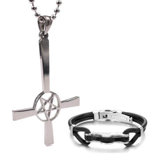 Load image into Gallery viewer, GUNGNEER Stainless Steel Pentagram Inverted Cross Necklace Bracelet Jewelry Set