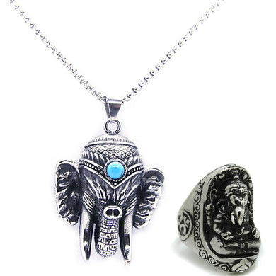 GUNGNEER Stainless Steel Lord Ganesha Om Ring Sharp Teeth Elephant Pendant Jewelry Set For Men