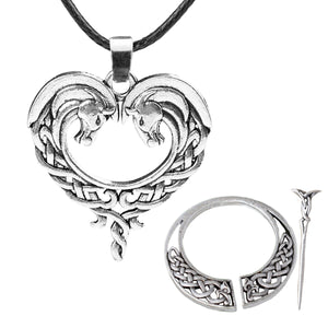 GUNGNEER Celtic Dragon Horse Brooch Hair Pin Pendant Necklace Jewelry Accessories Set