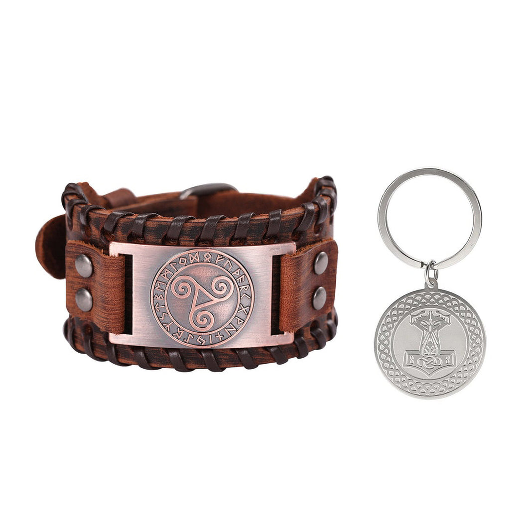 GUNGNEER Vintage Celtic Knot Triskele Leather Bracelet with Thor Hammer Key Chain Jewelry Set
