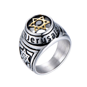 GUNGNEER Men's Stainless Steel David Star Ring Jewish Occult Biker Jewelry Accessory Gift