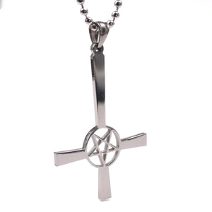 GUNGNEER Stainless Steel Pentagram Inverted Cross Necklace Bracelet Jewelry Set