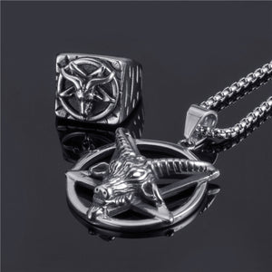 GUNGNEER Stainless Steel Baphomet Necklace Ring Combo Satanic Goat Head Jewelry For Men