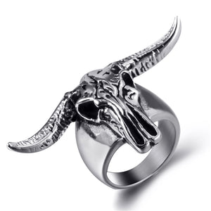 GUNGNEER Stainless Steel Satan Ram Skull Ring Satanic Biker Jewelry Accessory For Men