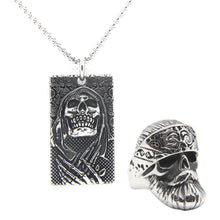 Load image into Gallery viewer, GUNGNEER Rock Punk Gothic Skull Necklace Ring Stainless Steel Skeleton Jewelry Set Men Women