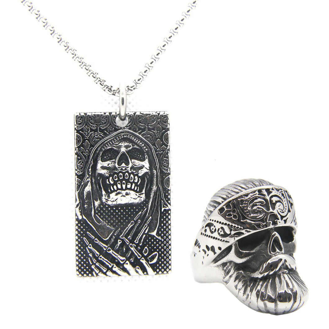 GUNGNEER Rock Punk Gothic Skull Necklace Ring Stainless Steel Skeleton Jewelry Set Men Women