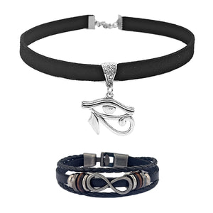 GUNGNEER Flat Faux Suede Eye Horus Choker Necklace Leather Braided Cord Bracleet Jewelry Set