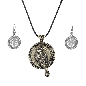 GUNGNEER Irish Celtic Viking Raven Pendant Necklace Tree of Life Earrings Jewelry Set Men Women