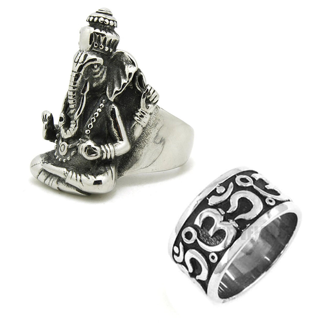 GUNGNEER Stainless Steel Hindu Amulet Yoga Ohm Aum Ring Ganesh Buddha Ring Jewelry Set For Men