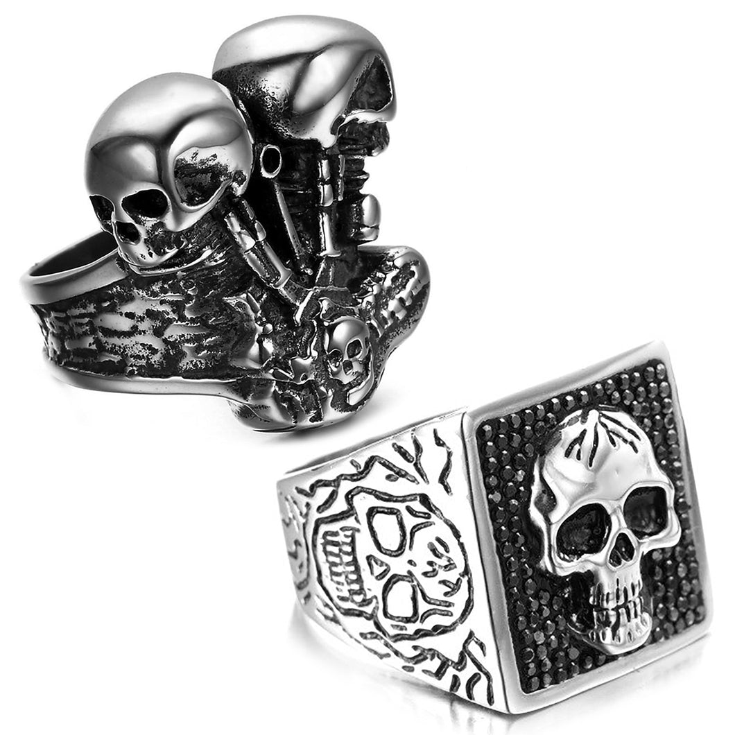 GUNGNEER 2 Pcs Motor Biker Engine Skull Ring Stainless Steel Men Fashion Biker Jewelry Set