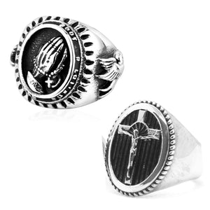 GUNGNEER 2 Pcs Christian Pray Jesus Cross Ring Stainless Steel Religious Jewelry Accessory Set