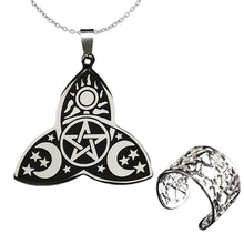 Load image into Gallery viewer, GUNGNEER Celtic Triquetra Wicca Pentagram Pentacle Stainless Steel Necklace Ring Jewelry Set