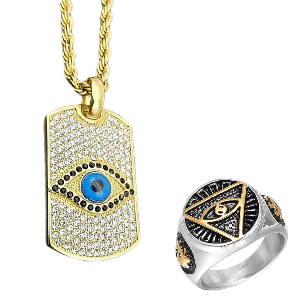 GUNGNEER Egyptian Eye of Horus Stainless Steel Pendant Necklace Triangle Ring Jewelry Set
