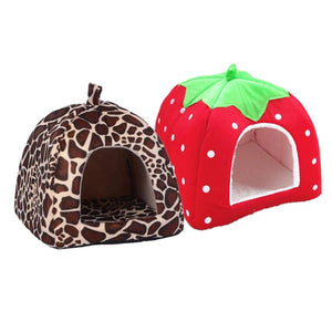 2TRIDENTS Tent Cave Bed for Small Pet - Strawberry/Leopard House Cozy Sleeping Bed for Kitten Rabbit Small Animals (L, Brown)