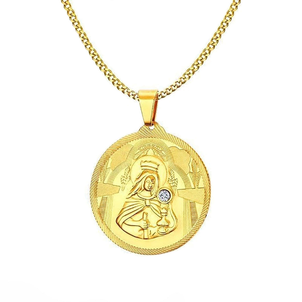 GUNGNEER Stainless Steel Mary Mother of Jesus Round Medallion Pendant Necklace Jewelry