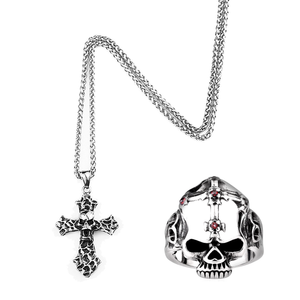 GUNGNEER Men's Vintage Cross Skull Ring Necklace Stainless Steel Christ Biker Punk Jewelry Set