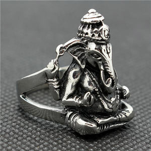 GUNGNEER Stainless Steel Spiritual Elephant Ganesha Om Ring Elephant Ring Jewelry Set For Men