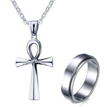 Load image into Gallery viewer, GUNGNEER Stainless Steel Egyptian Pyramid Ankh Chain Pendant Necklace Spinner Ring Jewelry Set