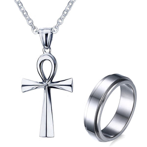 GUNGNEER Stainless Steel Egyptian Pyramid Ankh Chain Pendant Necklace Spinner Ring Jewelry Set