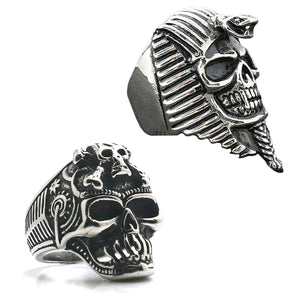 GUNGNEER 2 Pcs Stainless Steel Egyptian Pharaoh Skull Ring Jewelry Set Accessories Men Women