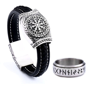GUNGNEER Stainless Steel Viking Helm of Awe Vegvisir Runes Pendant Bracelet Ring Jewelry Set