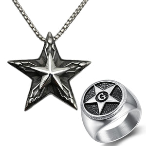 GUNGNEER Wicca Pentagram Stainless Steel Pendant Necklace Star Letter G Ring Jewelry Set