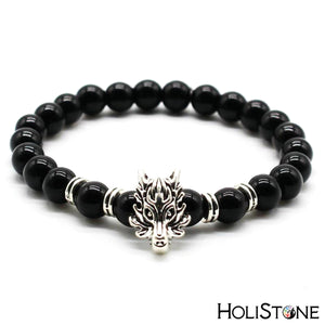 HoliStone Natural Lava Stone with Animal Wolf Head Charm Bracelet ? Anxiety Stress Relief Lucky Charm Bracelet for Women and Men