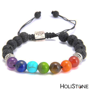 HoliStone Adjustable 7 Chakra Stone Bead with OM Mantra/Lion Head and Tree of Life Bracelet ? Anxiety Stress Relief Yoga Meditation Energy Balancing Lucky Charm Bracelet for Women and Men