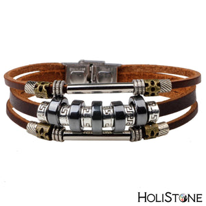 HoliStone Stainless Steel Beaded Leather Charm Bracelet for Women and Men ? Anxiety Stress Relief Yoga Meditation Energy Balancing Lucky Charm Bracelet for Women and Men