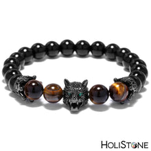 Load image into Gallery viewer, HoliStone Punky Style Bracelet with Cool Animal Wolf Head and Natural Stones for Men ? Anxiety Stress Relief Yoga Meditation Energy Balancing Lucky Charm Bracelet for Women