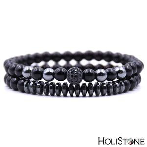 HoliStone 2pcs/Set 6mm Natural Stone Bracelet with Micro Pave CZ Ball Lucky Charm Bracelet for Women and Men