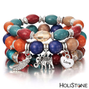 HoliStone Multi Strand Bohemian Style Coral Bead Bracelet with Luck Elephant Love and Wing ? Anxiety Stress Relief Energy Balancing Lucky Charm Bracelet for Women and Men