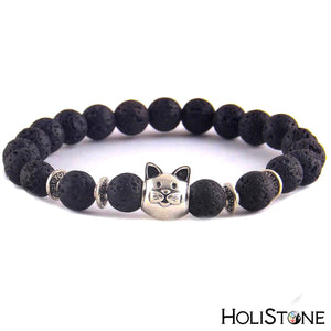 HoliStone 8mm Lava Natural Stone with Lucky Cat Charm Bracelet ? Yoga Meditation Healing Balancing Energy Bracelet