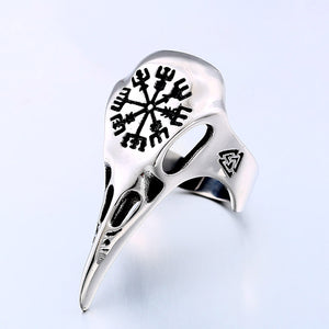 ENXICO Ravens Skull Ring with Aegishjalmur The Helm of Awe Symbol ? 316L Stainless Steel ? Norse Scandinavian Viking Jewelry