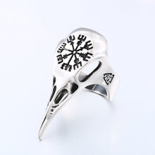 Load image into Gallery viewer, ENXICO Ravens Skull Ring with Aegishjalmur The Helm of Awe Symbol ? 316L Stainless Steel ? Norse Scandinavian Viking Jewelry (10)