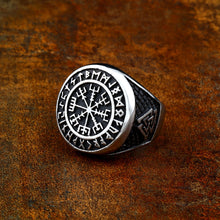 Load image into Gallery viewer, ENXICO Vegvisir The Viking Runic Compass Ring with Rune Circle and Double Valknut Symbol ? 316L Stainless Steel ? Norse Scandinavian Viking Jewelry (10)