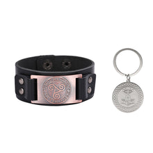 Load image into Gallery viewer, GUNGNEER Vintage Celtic Knot Triskele Leather Bracelet with Thor Hammer Key Chain Jewelry Set