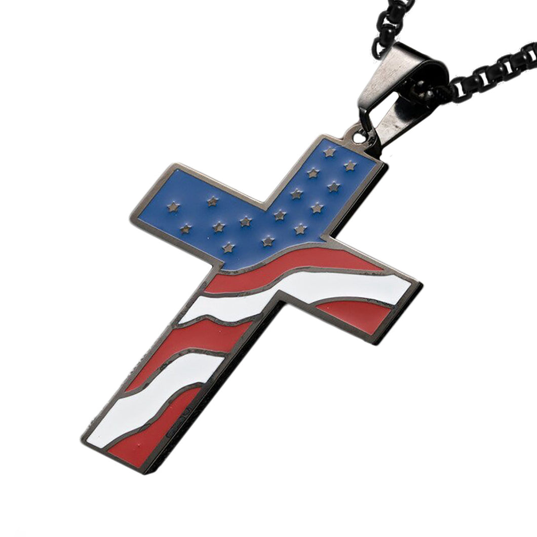 GUNGNEER Stainless Steel American USA Flag Cross Pendant Necklace Religion National Jewelry