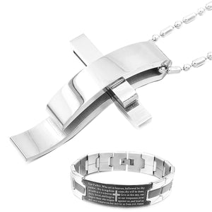 GUNGNEER Men Stainless Steel Bible English Cross Bracelet Pendant Necklace Jesus Jewelry Set