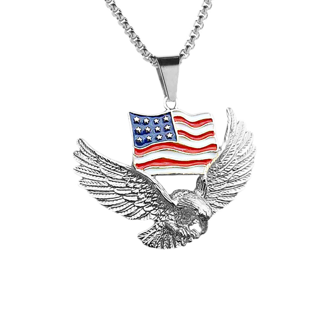 GUNGNEER Stainless Steel American Flag Eagle Necklace Statement Patriotic Jewelry Box Chain