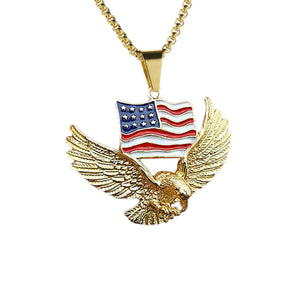GUNGNEER Stainless Steel American Flag Eagle Necklace Statement Patriotic Jewelry Box Chain
