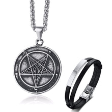 Load image into Gallery viewer, GUNGNEER Satanic Sigil of Baphomet Pendant Necklace Leather Bracelet Jewelry Set Gift