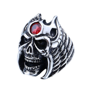 GUNGNEER Stainless Steel Winged Skull Red Stone Cool Punk Necklace Ring Jewelry Set Men Women