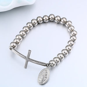 GUNGNEER Leather Stainless Steel Jesus Cross Necklace Charm Beads Bracelet Christ Jewelry Set
