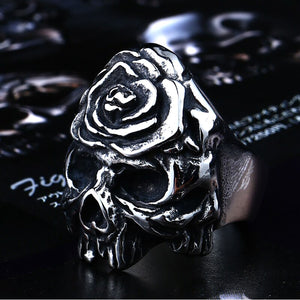 GUNGNEER Stainless Steel Winged Flower Sugar Biker Ring Gothic Halloween Jewelry Accessories